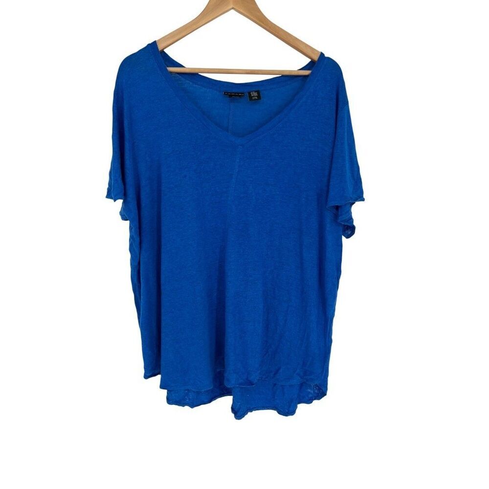 Tahari Top Women's Size 2X Blue 100% Linen Short Sleeve V-Neck